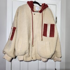 J.O.A. Cream Sherpa Rust Copper Bomber Jacket Women's Large